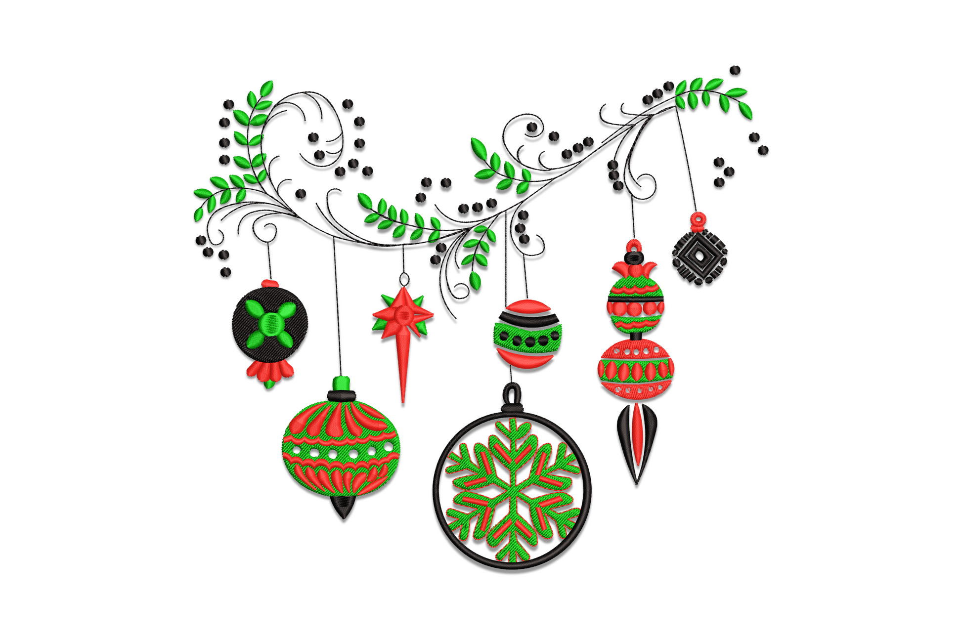 Hanging Christmas ornaments embroidery showing a row of round baubles on a string with cap detail and shine highlights in a 3-colour classic holiday design