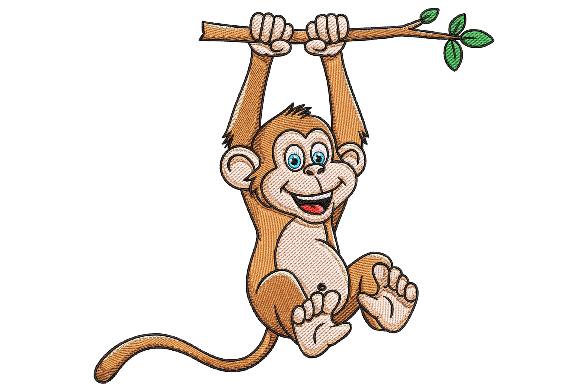 Cartoon monkey embroidery swinging from a green leafy branch, cocoa brown body, cream belly, bright blue eyes, open grin.