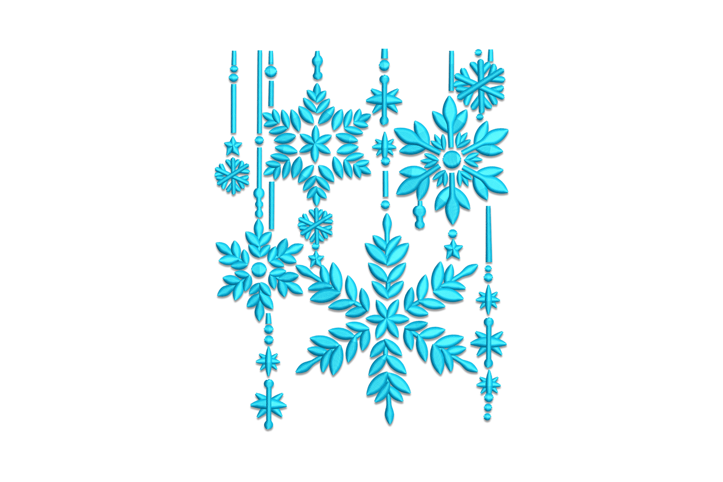 Sky-blue hanging snowflake ornament embroidery, botanical-arm cluster on fine vertical threads, 1 color, 5 sizes