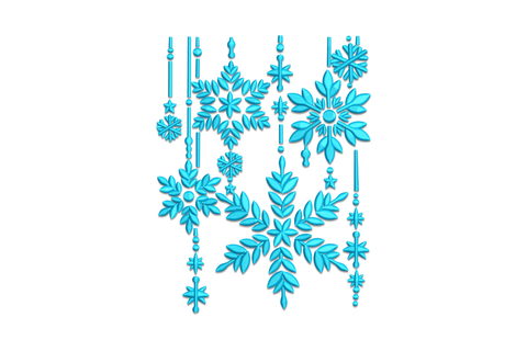 Sky-blue hanging snowflake ornament embroidery, botanical-arm cluster on fine vertical threads, 1 color, 5 sizes