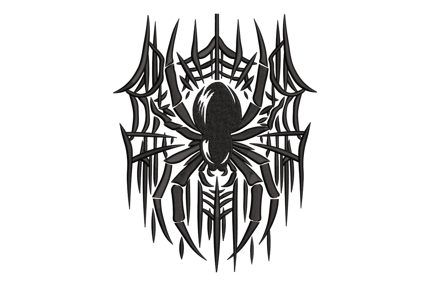 Gothic spider centred on a wide radiating web with jagged spike edges and dense satin web strands, all black halloween embroidery design