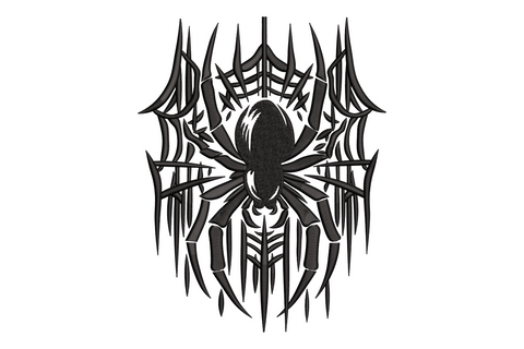 Gothic spider centred on a wide radiating web with jagged spike edges and dense satin web strands, all black halloween embroidery design