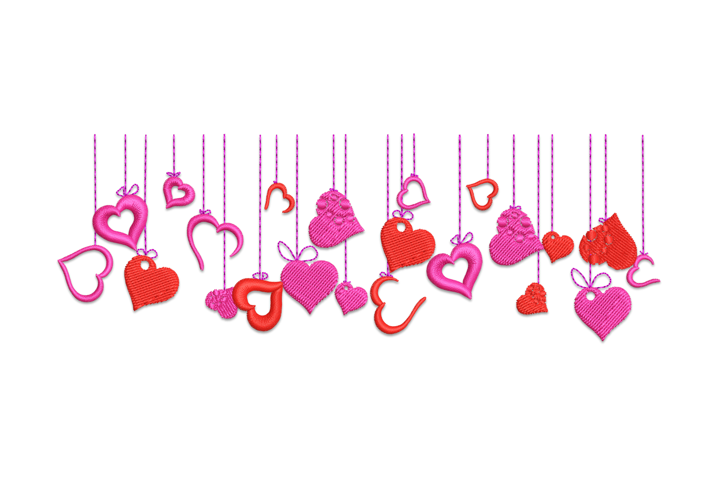 Hanging valentine hearts border embroidery, garland of red and pink hearts on string, 3 colours, 5 sizes up to 7.5 inch wide