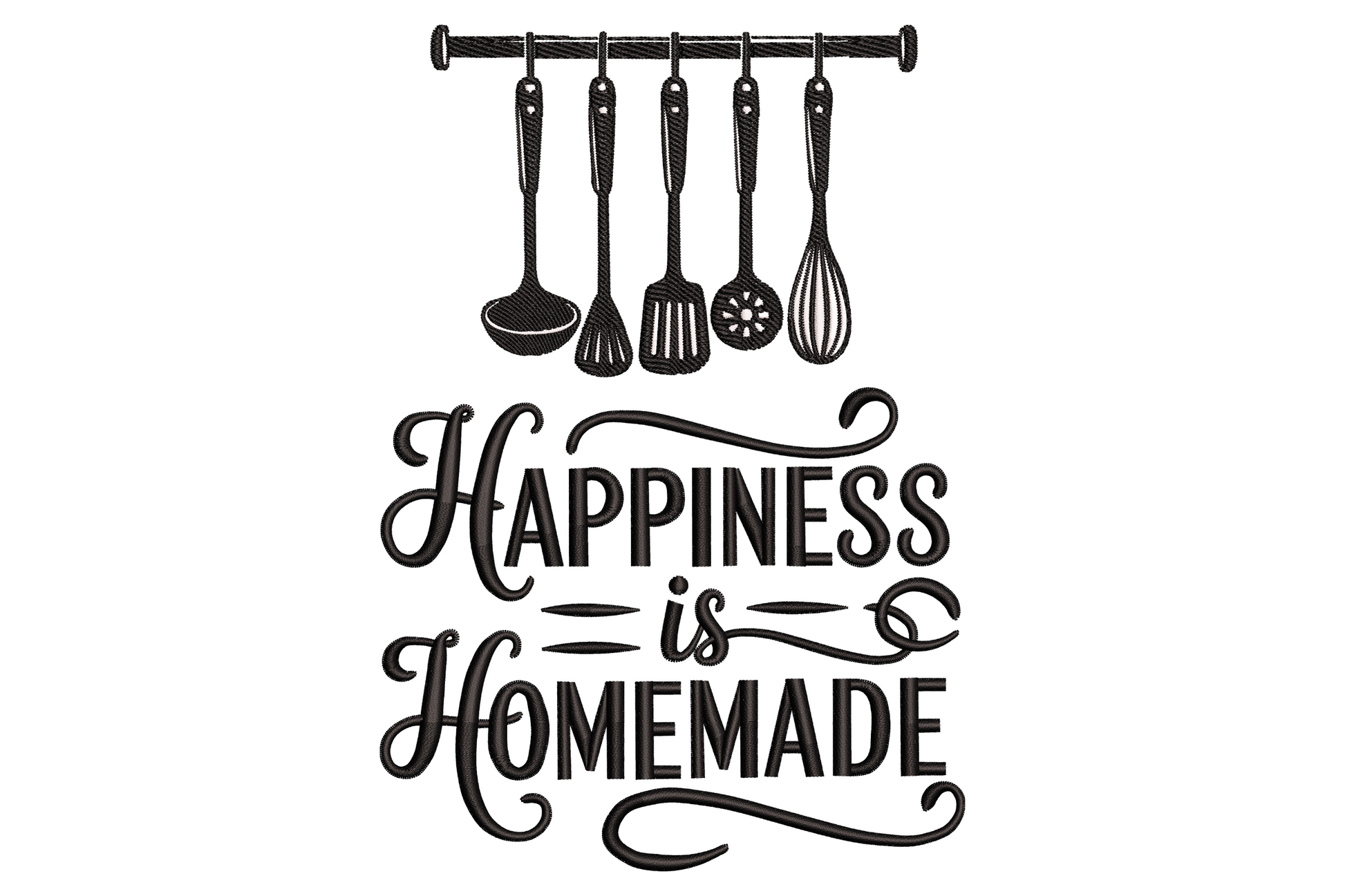 Happiness Is Homemade quote embroidery, flowing cursive script above bold block lettering, farmhouse typography style.