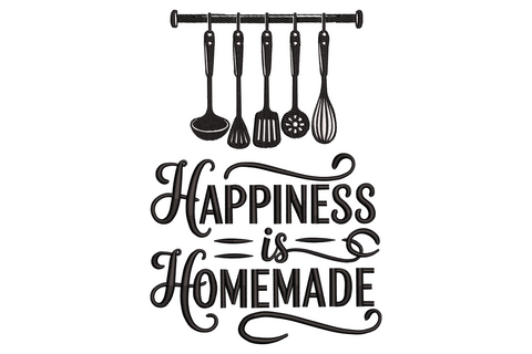 Happiness Is Homemade quote embroidery, flowing cursive script above bold block lettering, farmhouse typography style.