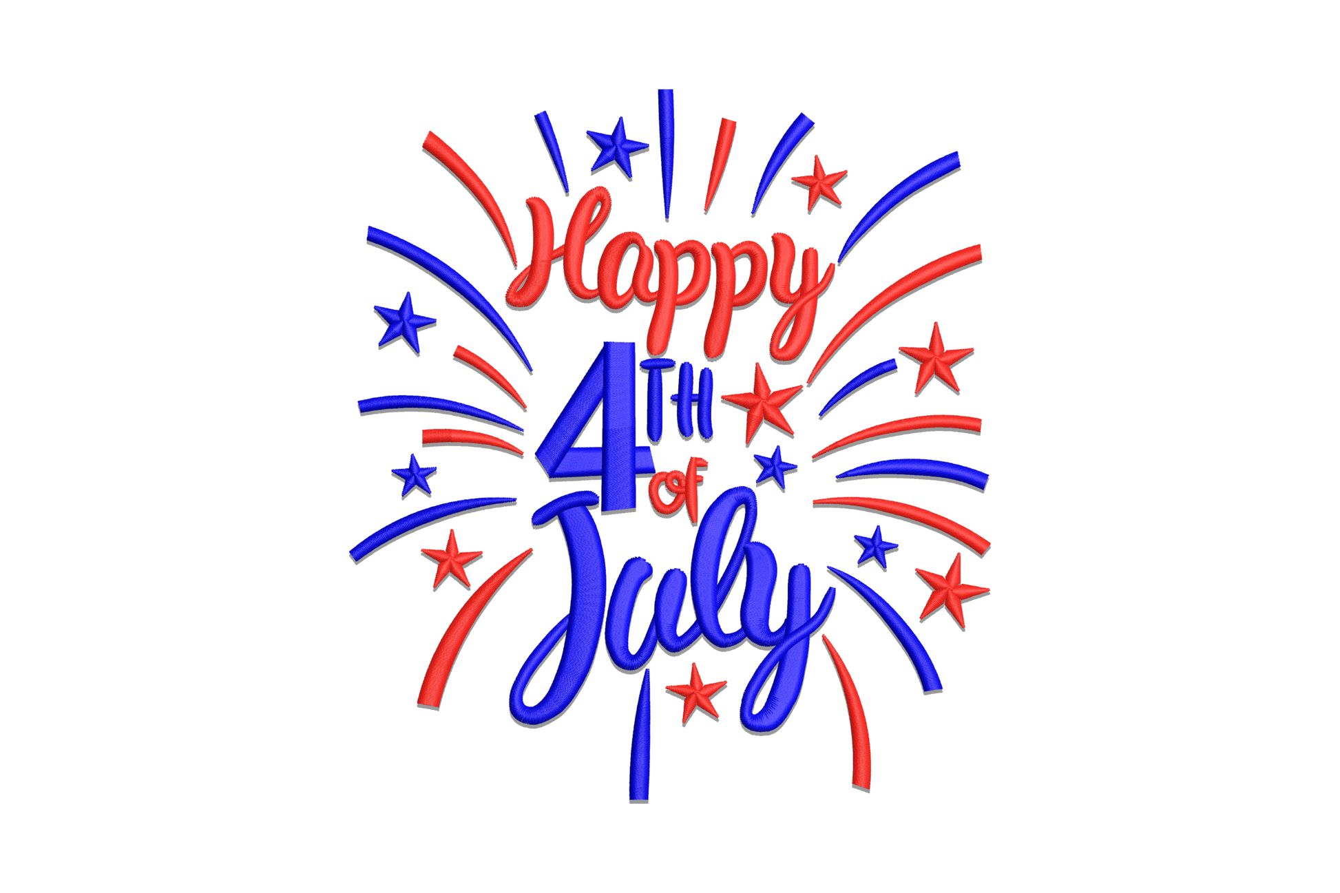 Happy 4th of July embroidery, red script Happy with chunky blue 4th of July and starburst halo around the lockup.