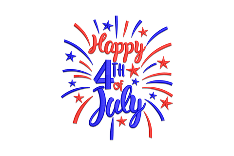 Happy 4th of July embroidery, red script Happy with chunky blue 4th of July and starburst halo around the lockup.