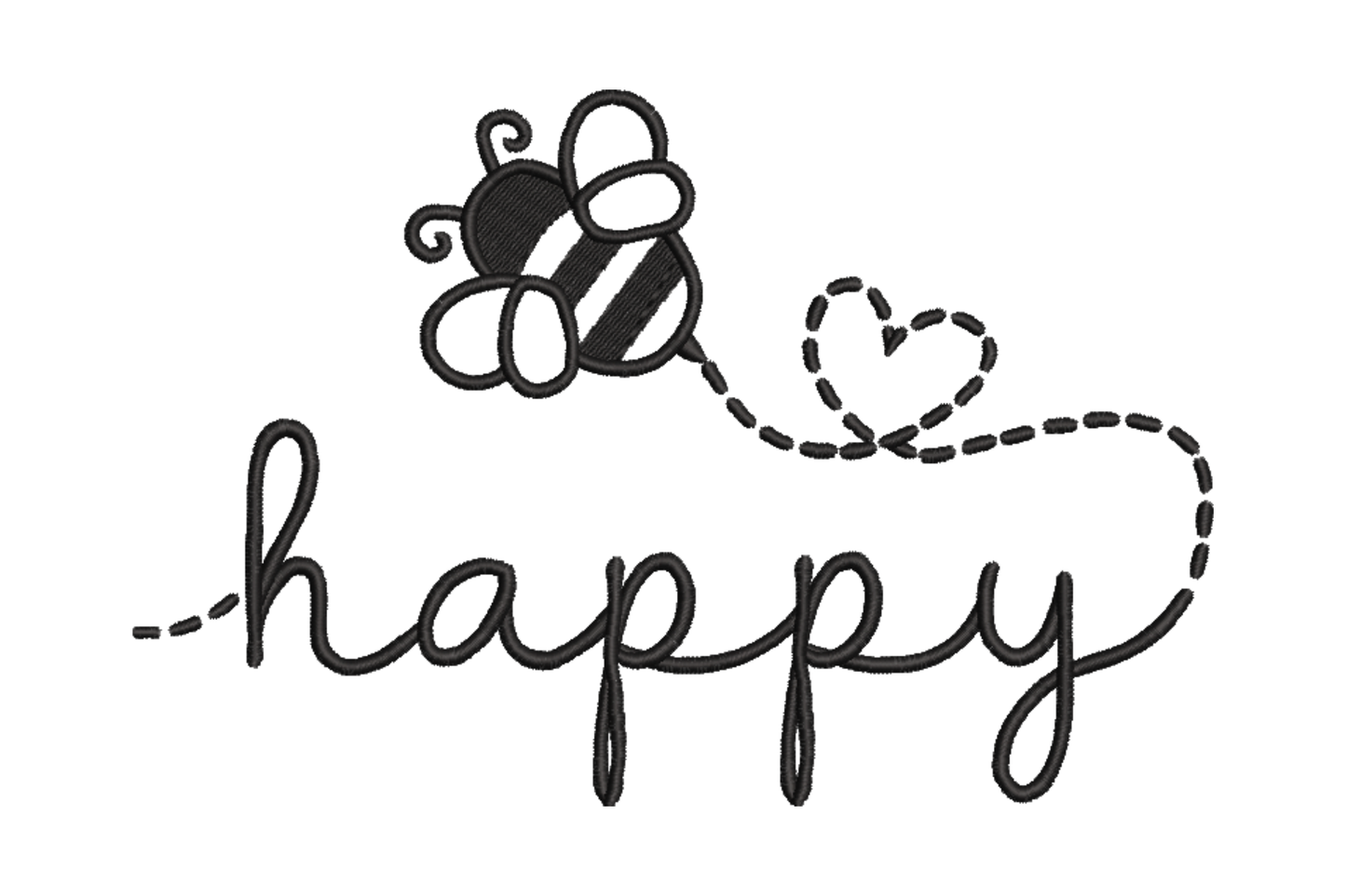 Small cartoon bee with dotted heart tail above loose cursive 'happy' script, single black thread outline embroidery design