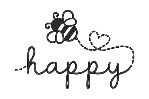 Small cartoon bee with dotted heart tail above loose cursive 'happy' script, single black thread outline embroidery design