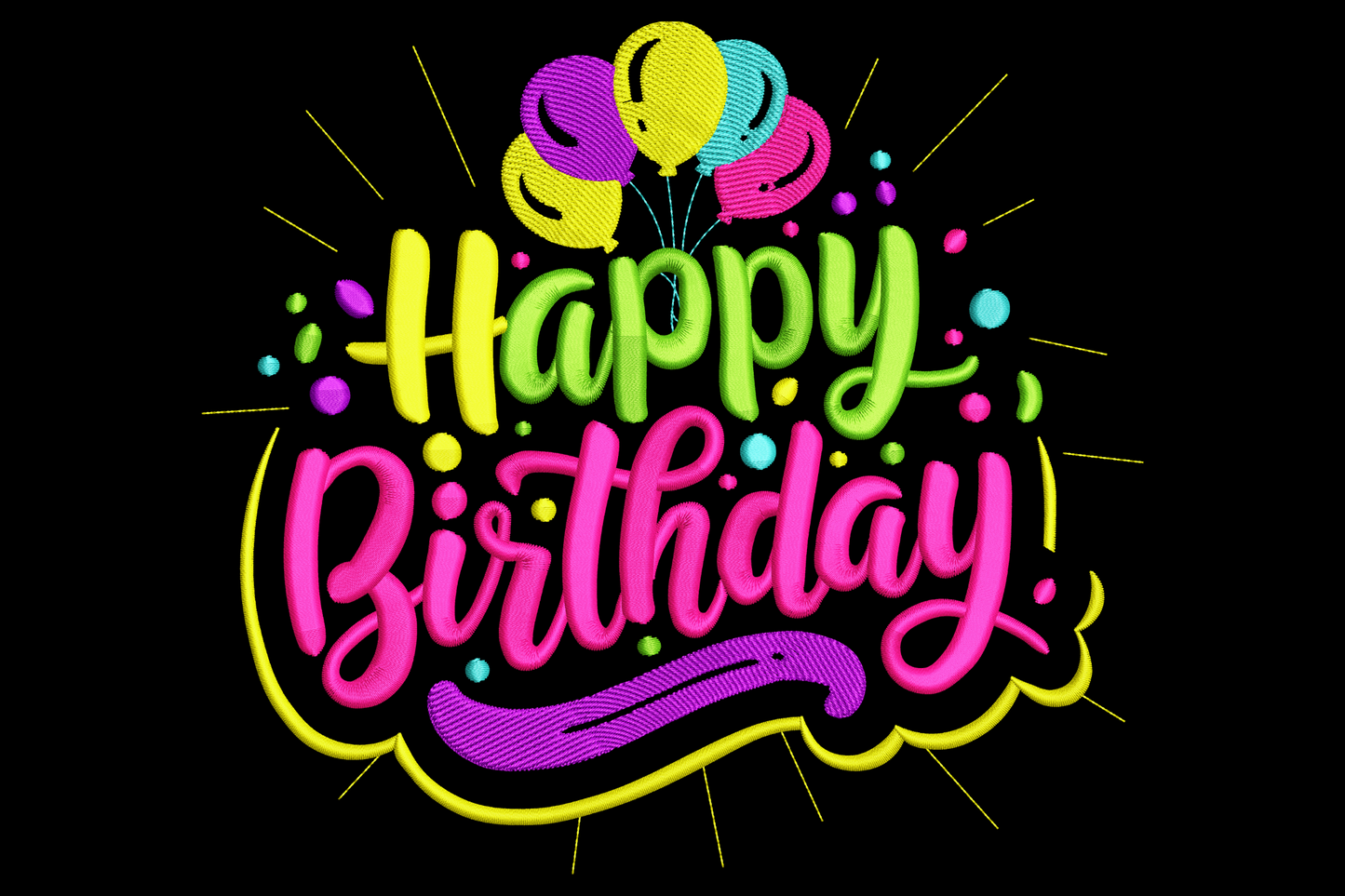 Happy Birthday word art with yellow block Happy, hot pink Birthday cursive, balloon cluster and yellow starburst rays.