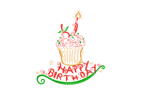 Happy Birthday cupcake machine embroidery design with red frosting swirls, green candle and HAPPY BIRTHDAY banner, 3 colors, 5 sizes