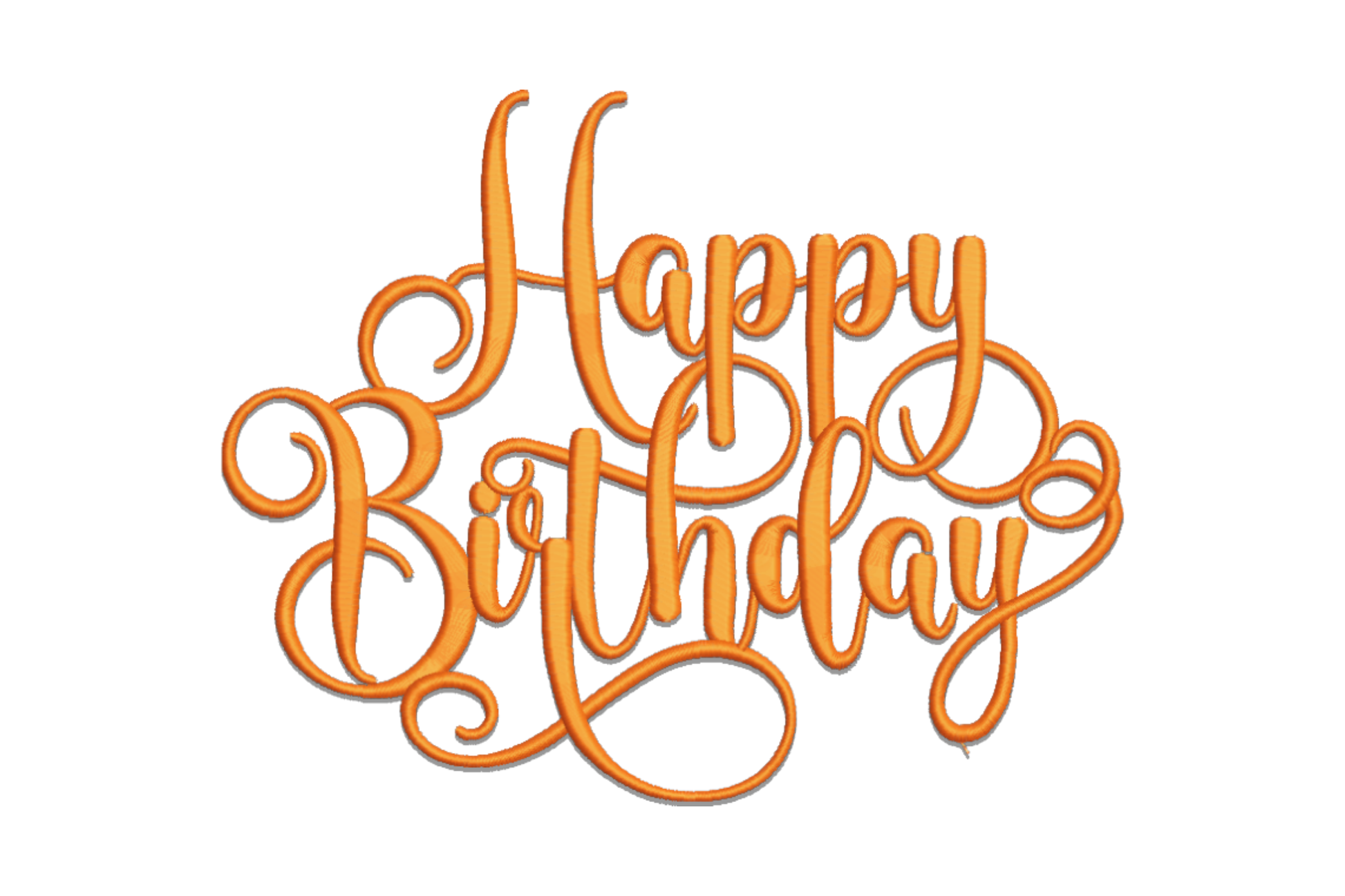 Happy Birthday script embroidery in orange thread, ornate calligraphy with looping flourishes and curlicue swirls.