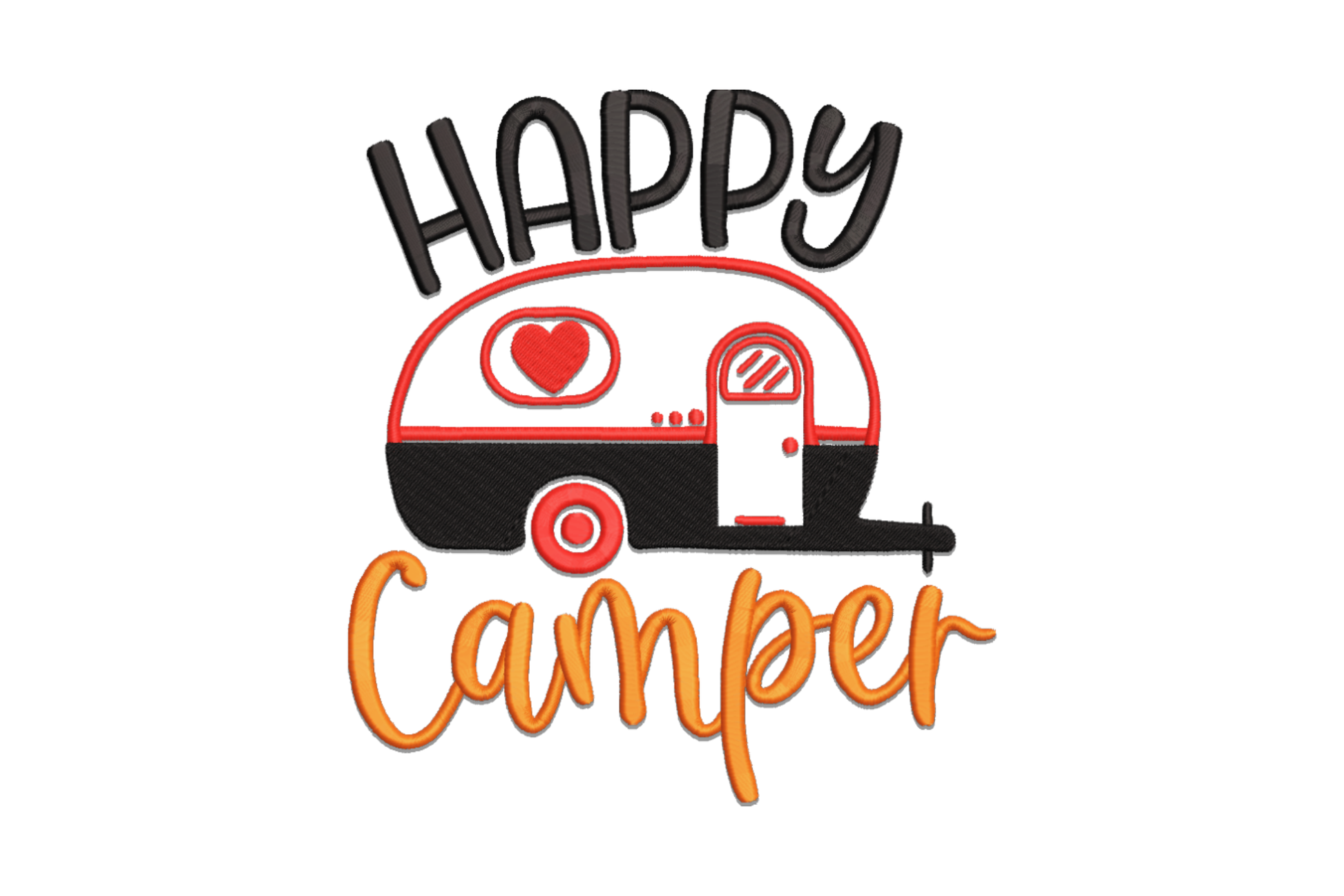 Happy camper embroidery design with retro travel trailer, red heart window and wheel, bold HAPPY text above and orange Camper script below.