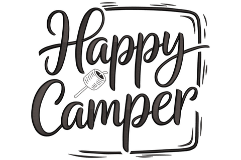 Vintage teardrop camper trailer with bunting flags and HAPPY CAMPER curved text above, single-colour line-art badge embroidery design for camping projects.