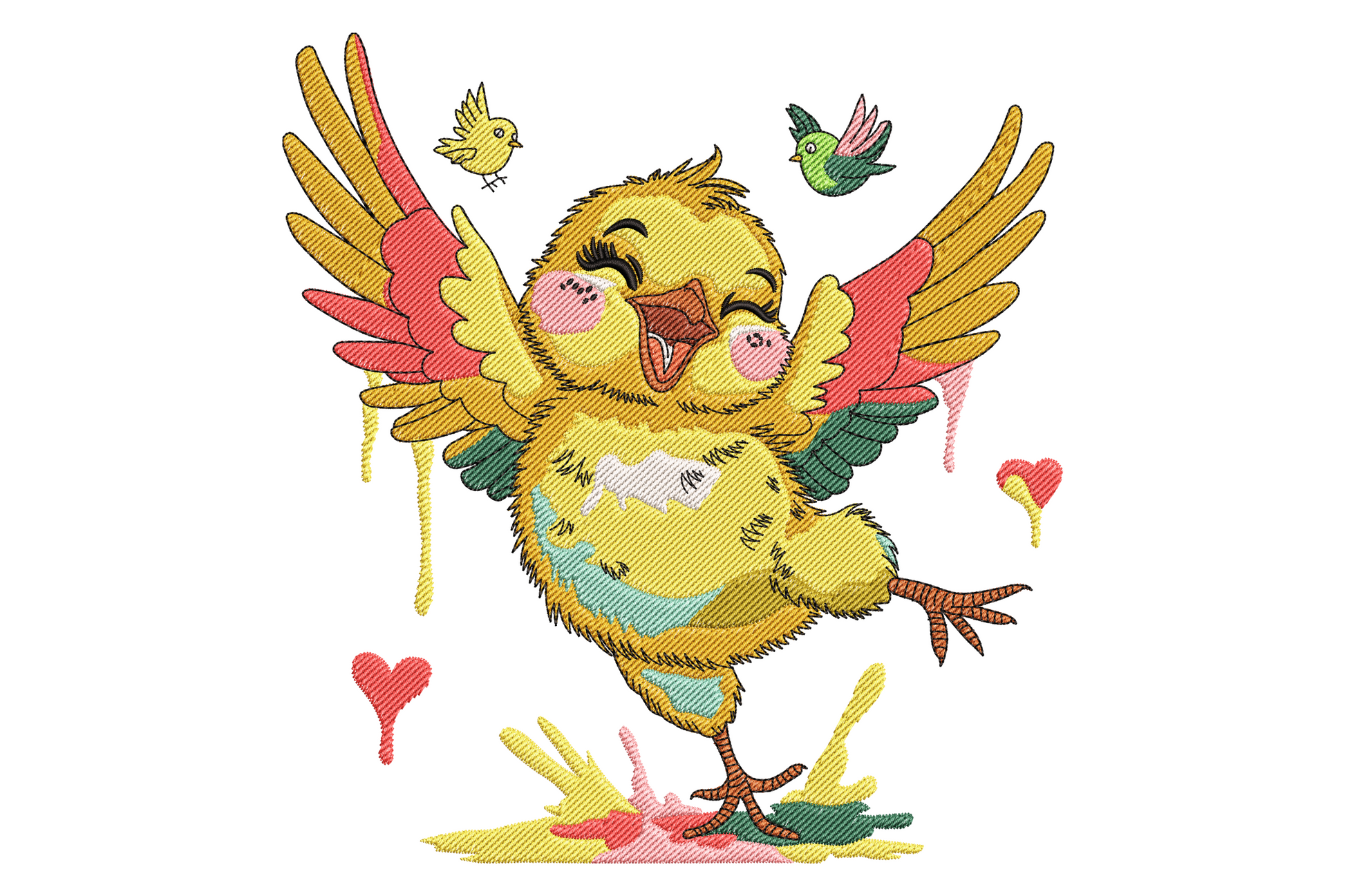 Happy dancing bird embroidery, plump yellow chick mid-dance with wings flung wide, watercolour drips, two side birds.