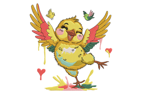 Happy dancing bird embroidery, plump yellow chick mid-dance with wings flung wide, watercolour drips, two side birds.