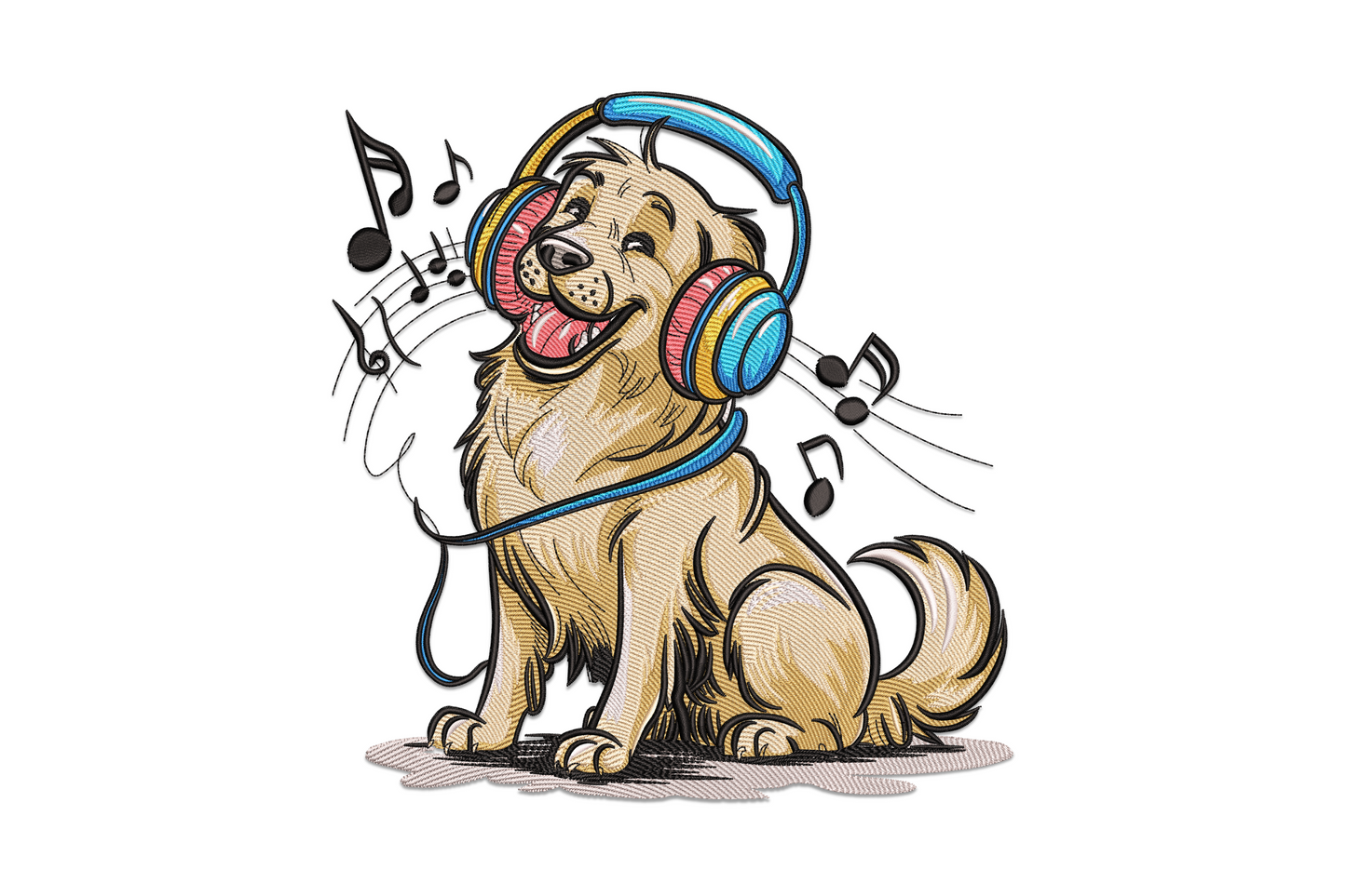 Happy golden dog wearing blue headphones embroidery design, mouth open singing with musical notes, cartoon style with detailed fur texture.