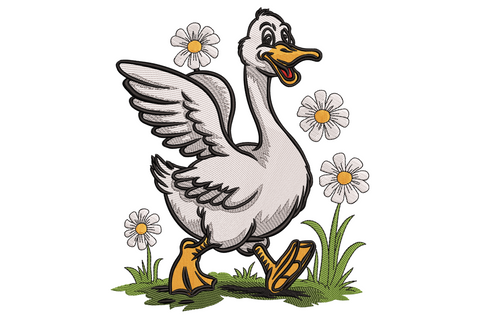 Happy duck embroidery, white duck mid-step with orange beak and feet wing lifted, surrounded by white daisies and green grass