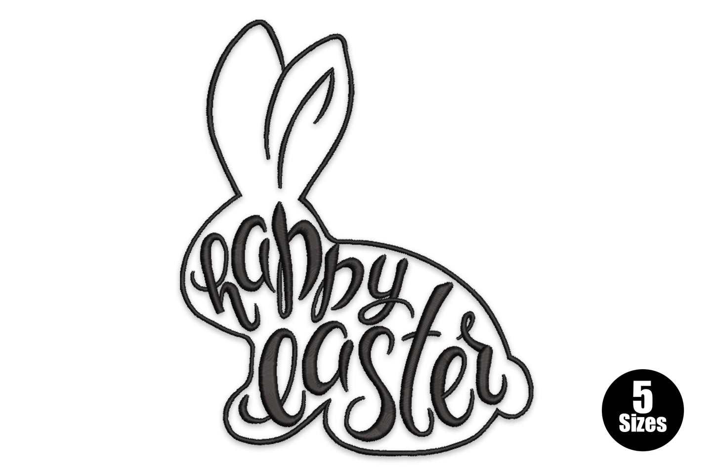 Happy easter bunny outline embroidery, sitting bunny with hand-lettered script inside the silhouette, single black colour.