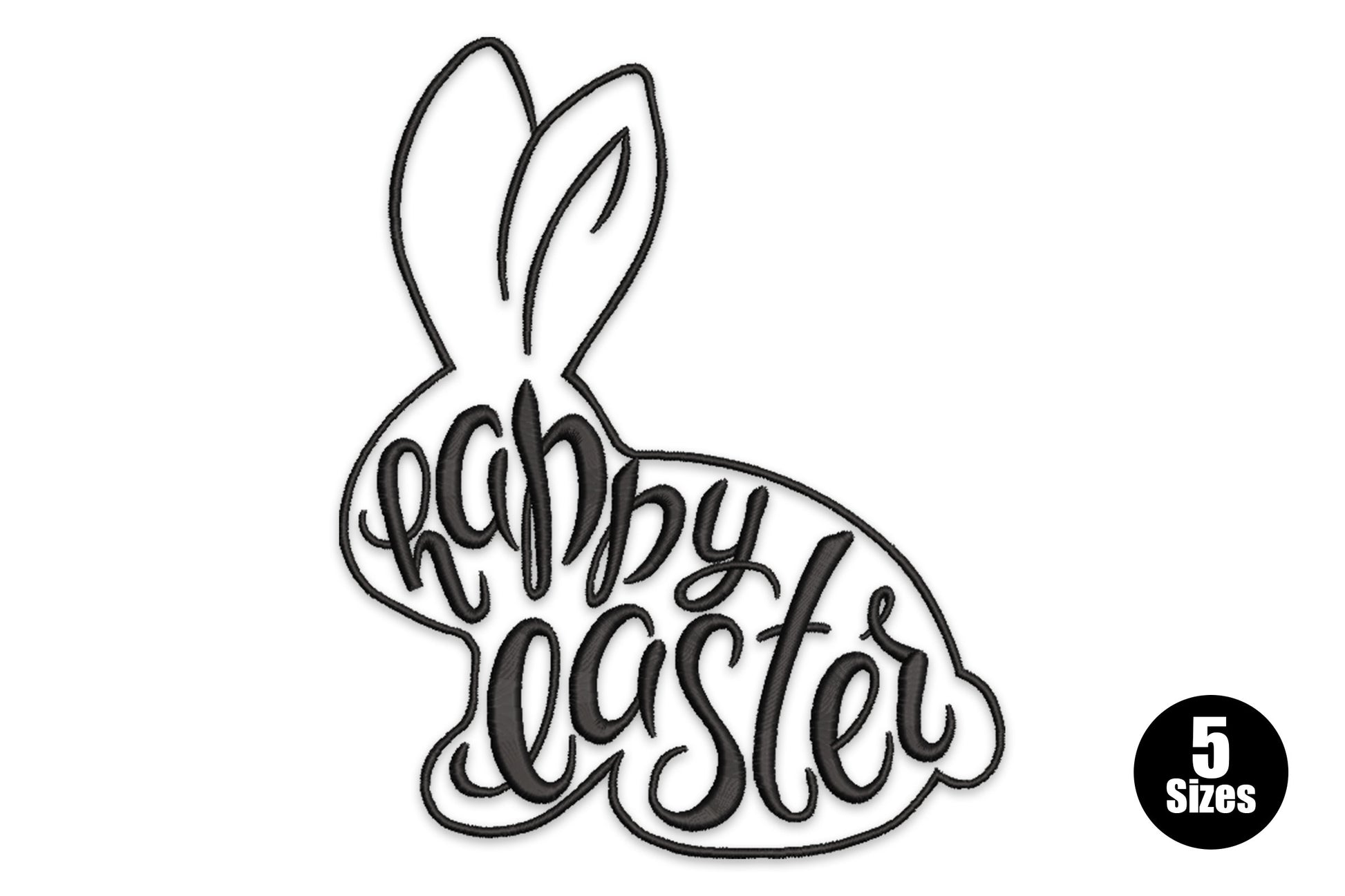 Happy easter bunny outline embroidery, sitting bunny with hand-lettered script inside the silhouette, single black colour.