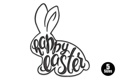 Happy easter bunny outline embroidery, sitting bunny with hand-lettered script inside the silhouette, single black colour.