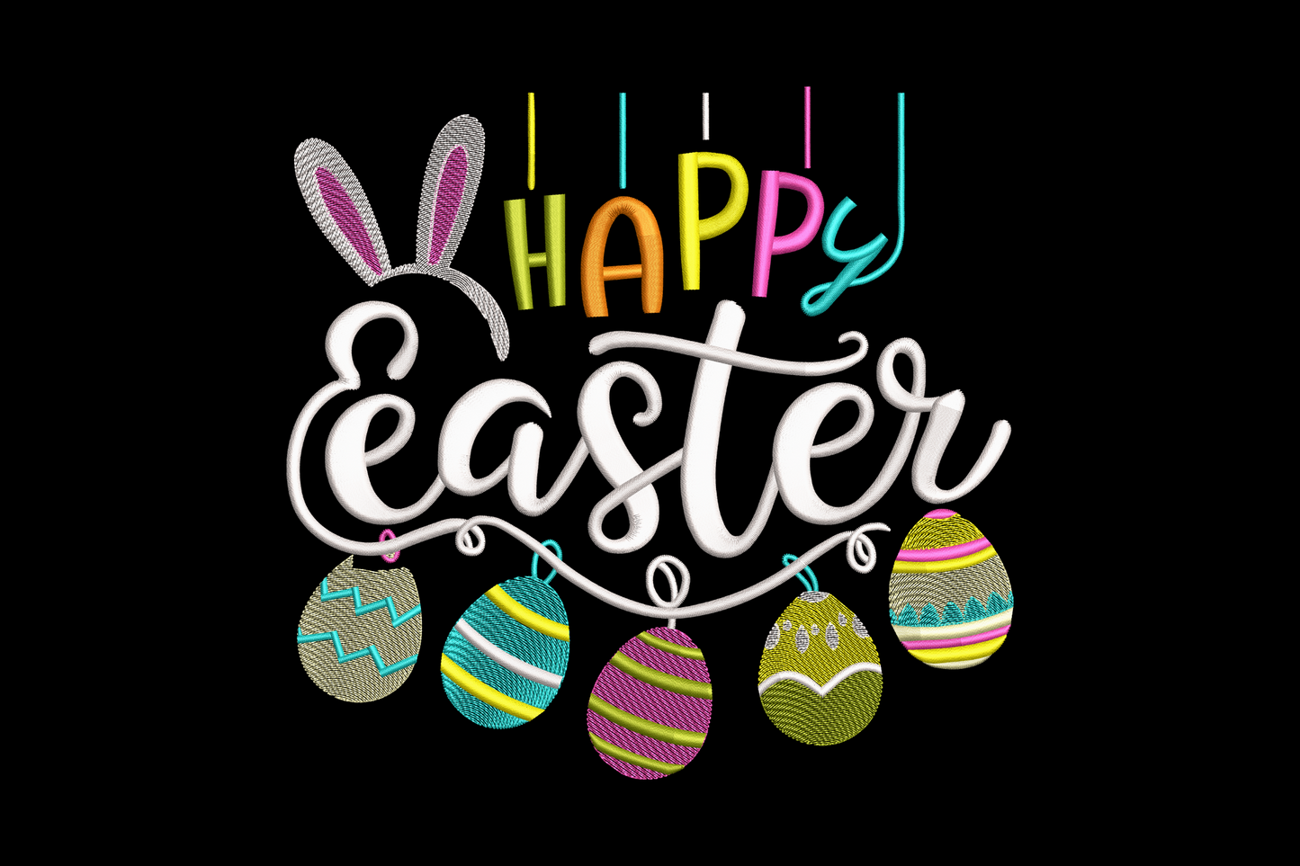 Happy Easter script embroidery design with calligraphy lettering and floral details, pastel colours, 5 sizes