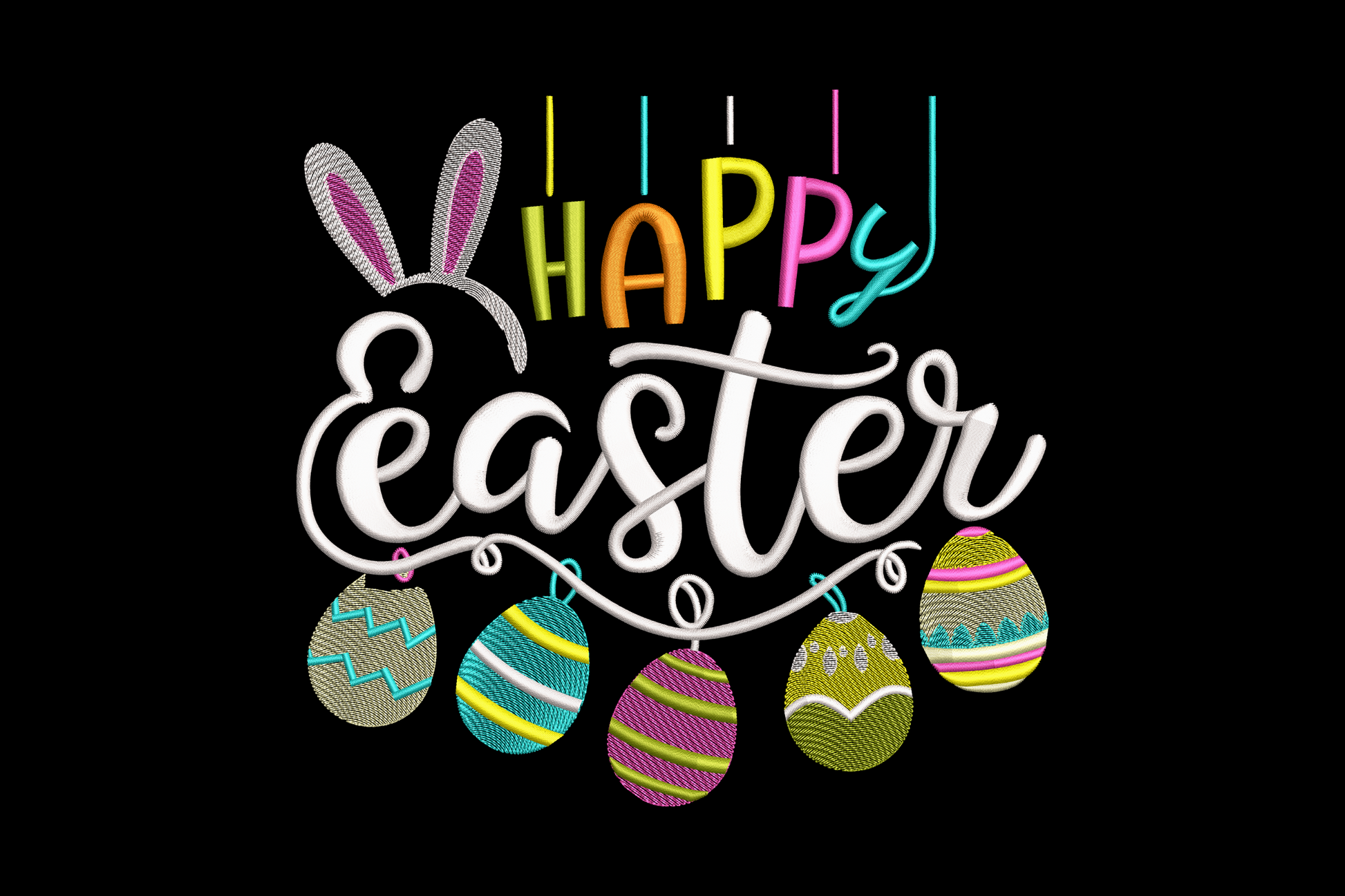 Happy Easter script embroidery design with calligraphy lettering and floral details, pastel colours, 5 sizes