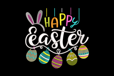 Happy Easter script embroidery design with calligraphy lettering and floral details, pastel colours, 5 sizes