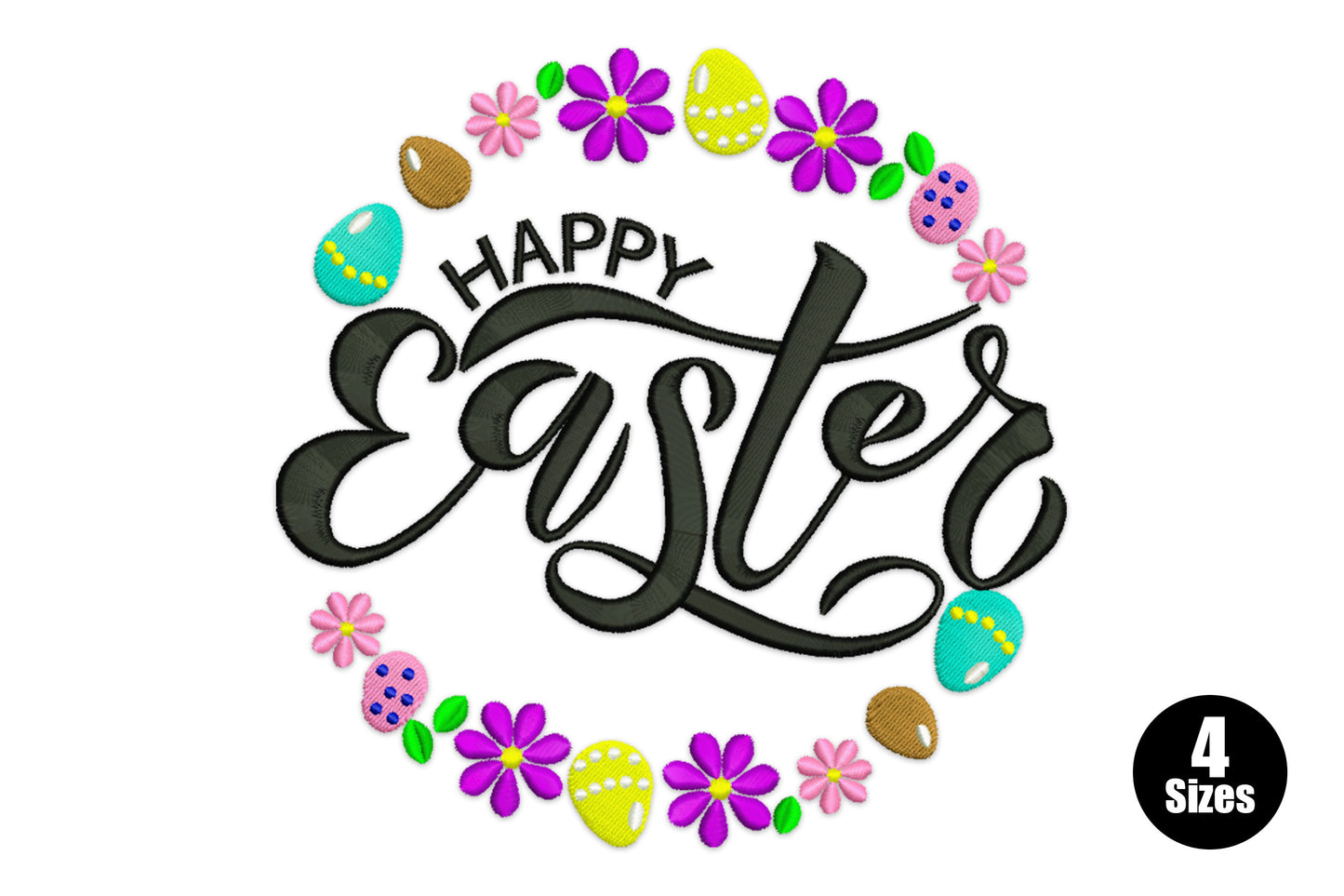 Happy Easter embroidery design with bold black brush script inside a circular wreath of coloured eggs, daisies and spring flowers.