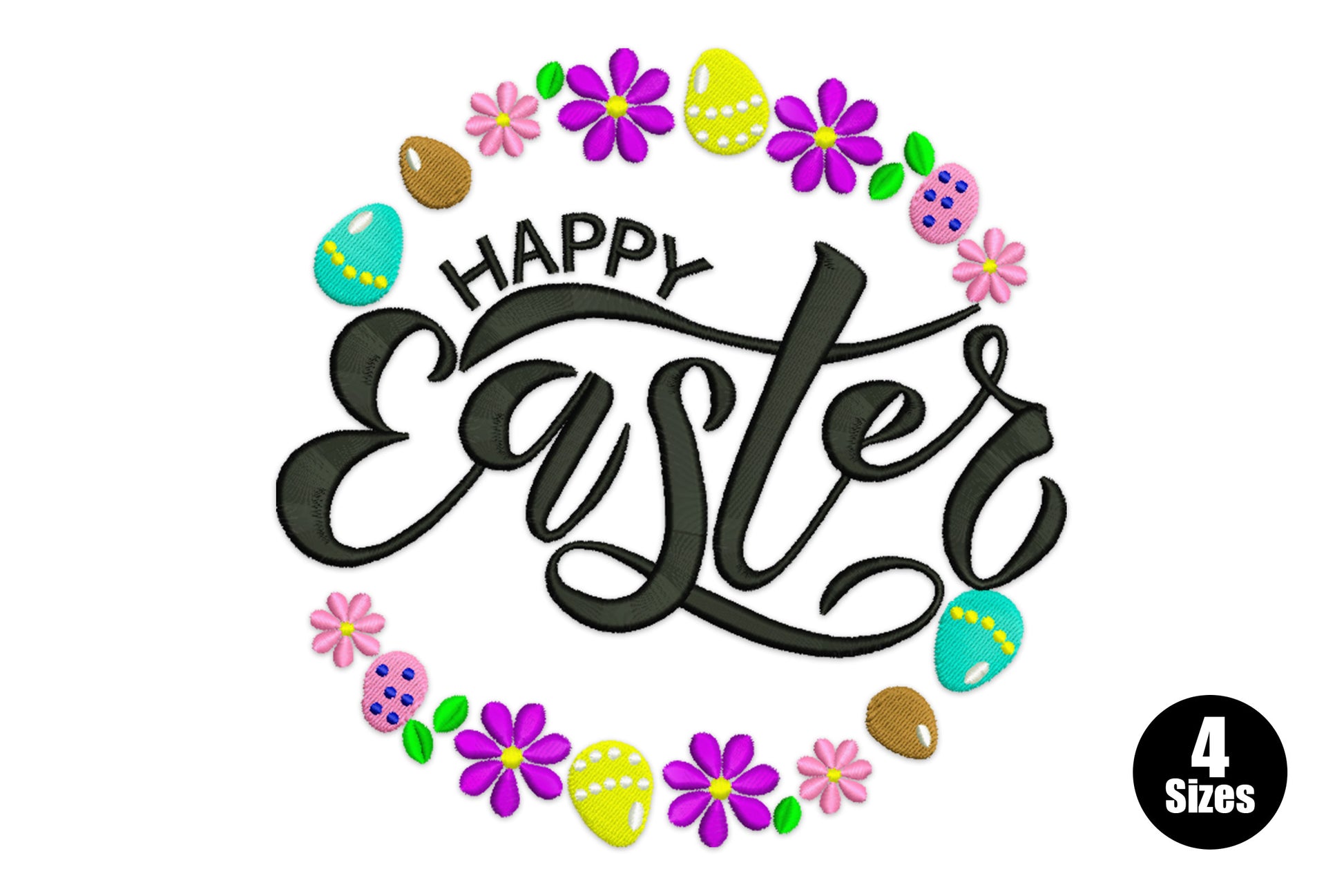 Happy Easter embroidery design with bold black brush script inside a circular wreath of coloured eggs, daisies and spring flowers.