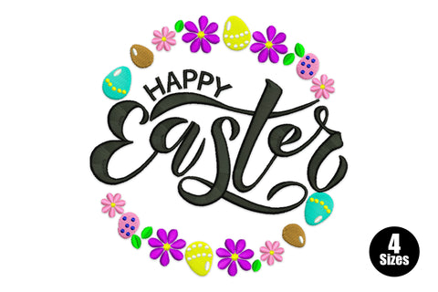 Happy Easter embroidery design with bold black brush script inside a circular wreath of coloured eggs, daisies and spring flowers.