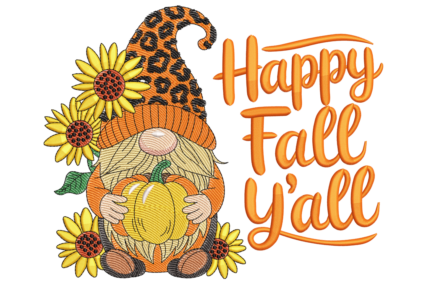 Fall gnome with leopard-print orange hat hugging a yellow pumpkin with sunflowers and 'Happy Fall Y'all' script in orange