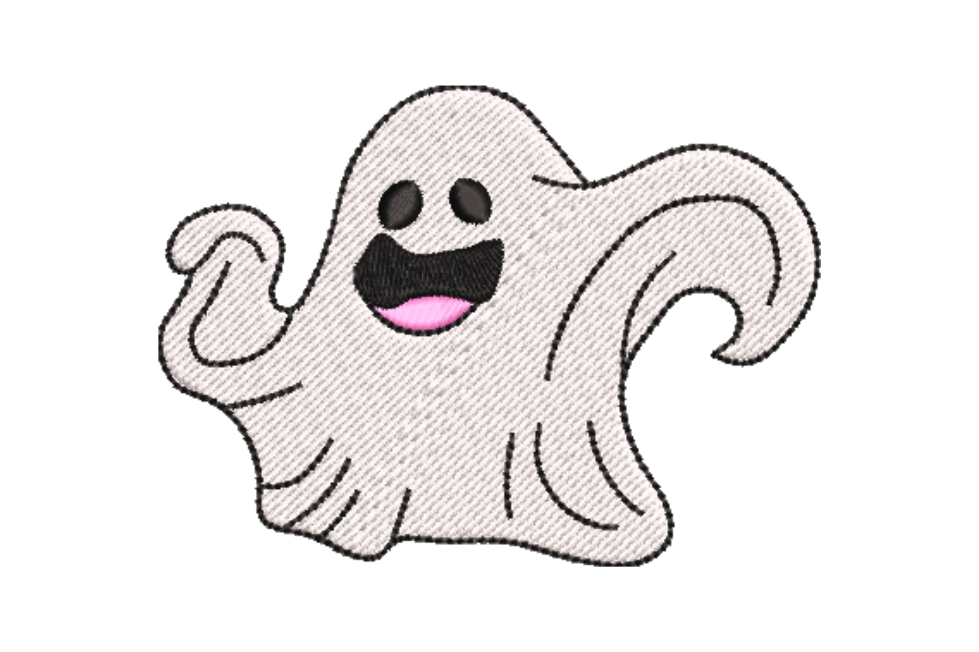 Happy ghost Halloween embroidery, white ghost mid-wave with open mouth, black dot eyes and pink tongue, body rippling right.