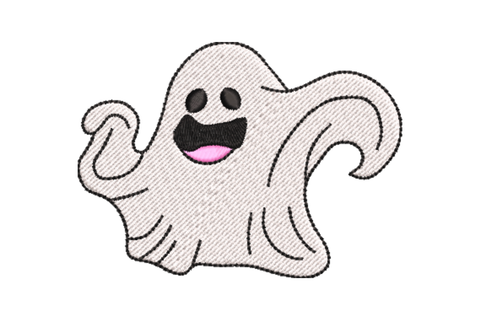 Happy ghost Halloween embroidery, white ghost mid-wave with open mouth, black dot eyes and pink tongue, body rippling right.
