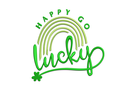 Happy Go Lucky all-green boho arc embroidery with HAPPY GO above and Lucky in cursive below.