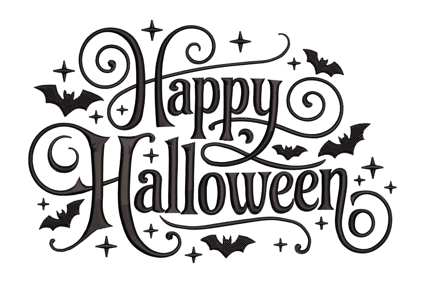 Happy Halloween bat swirl embroidery design with small bat silhouettes swirling in motion around the text, single colour, 3.51 by 2.32 inches, dynamic festive style.