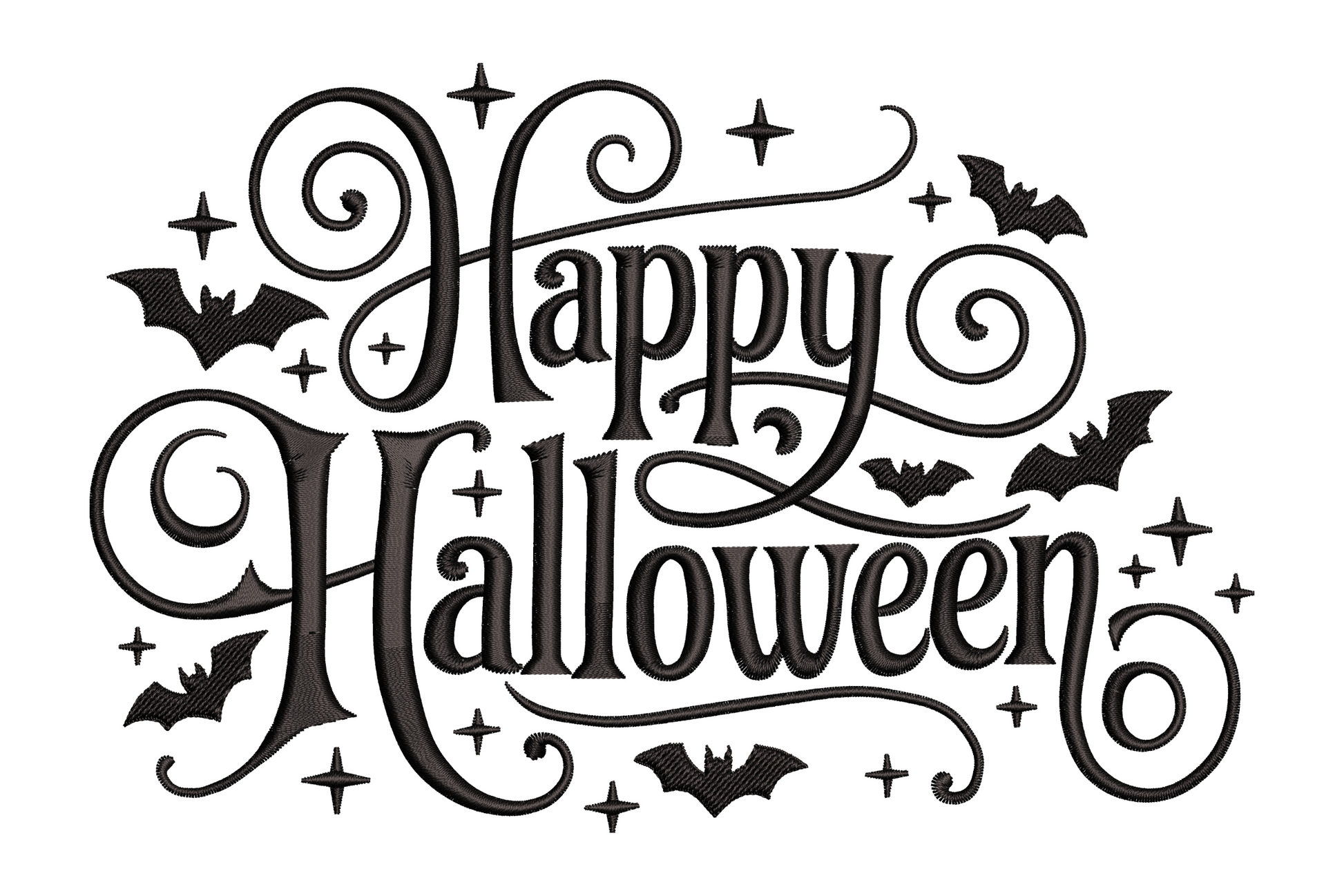 Happy Halloween bat swirl embroidery design with small bat silhouettes swirling in motion around the text, single colour, 3.51 by 2.32 inches, dynamic festive style.