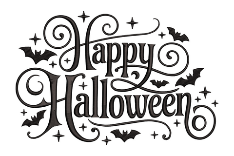 Happy Halloween bat swirl embroidery design with small bat silhouettes swirling in motion around the text, single colour, 3.51 by 2.32 inches, dynamic festive style.