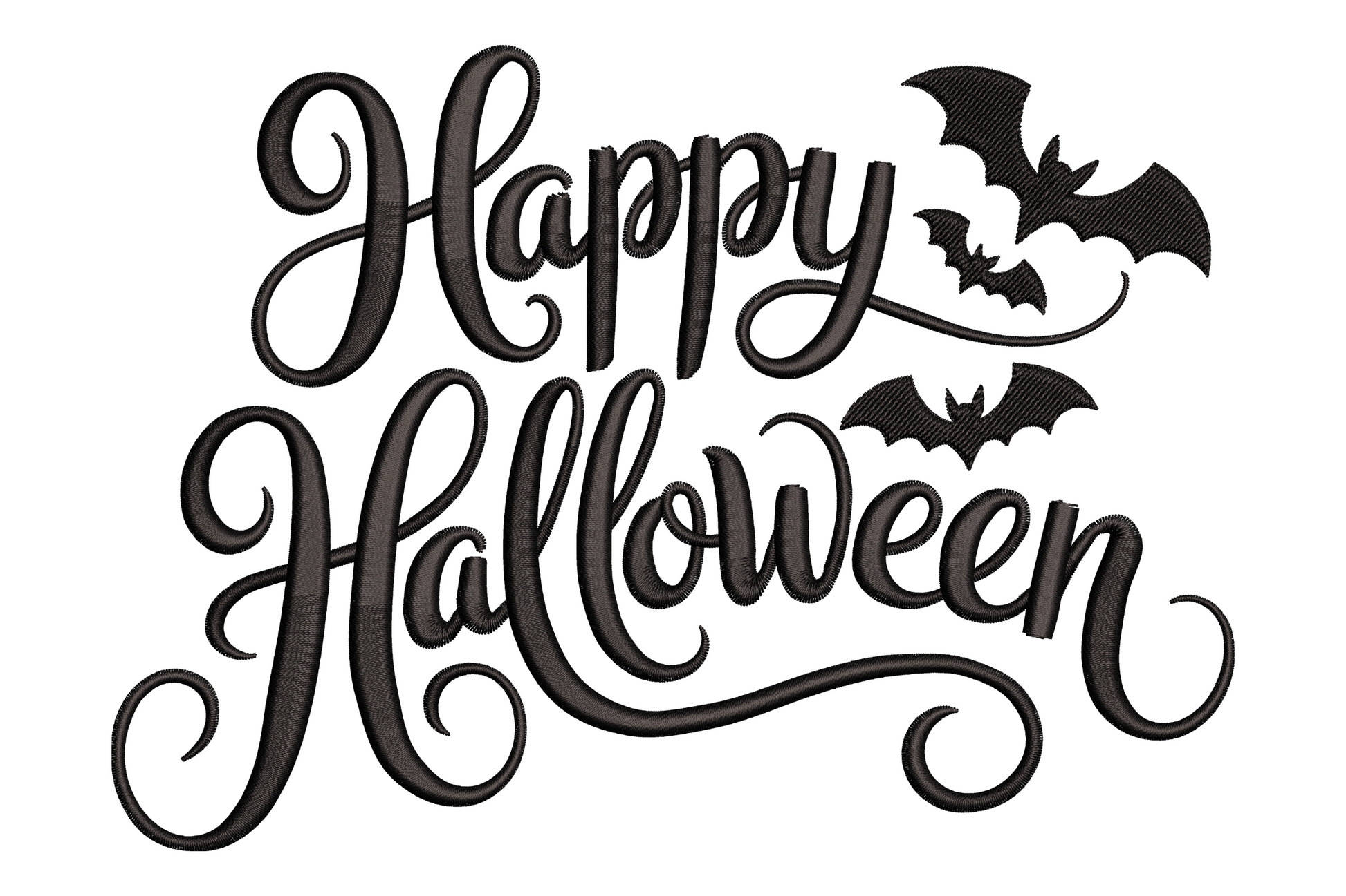 Happy Halloween bats machine embroidery design showing bold wobbly text with three cartoon bat silhouettes, single colour, 3.51 by 2.53 inches, cheerful festive style.