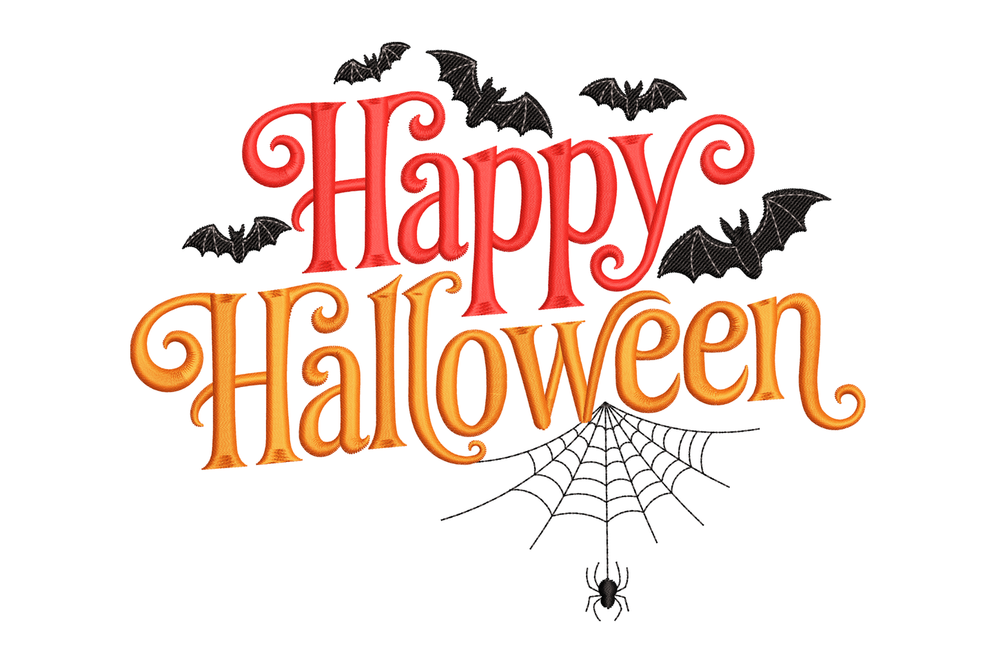 Happy Halloween text embroidery design with red and orange vintage serif letters flying bats and corner spiderweb with dangling spider