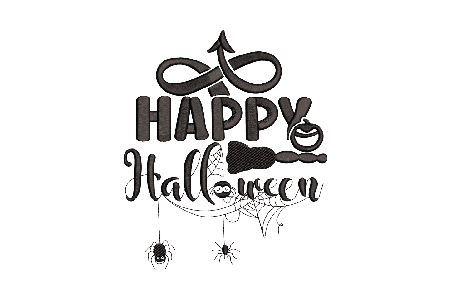 Happy Halloween embroidery design in black with chunky block caps, handwritten script, witch hat, pumpkin icon, spider web and three dangling spiders.