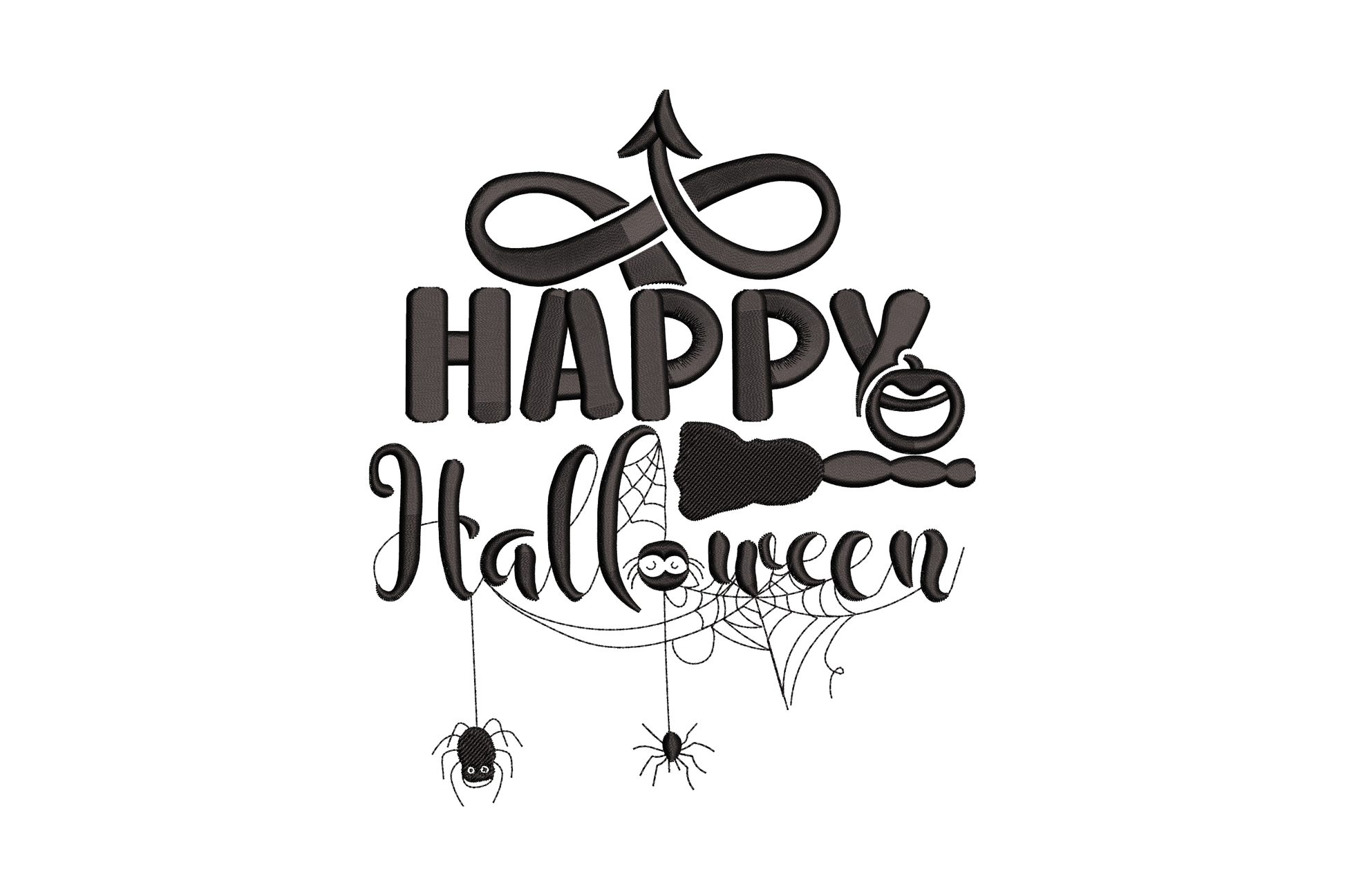 Happy Halloween embroidery design in black with chunky block caps, handwritten script, witch hat, pumpkin icon, spider web and three dangling spiders.