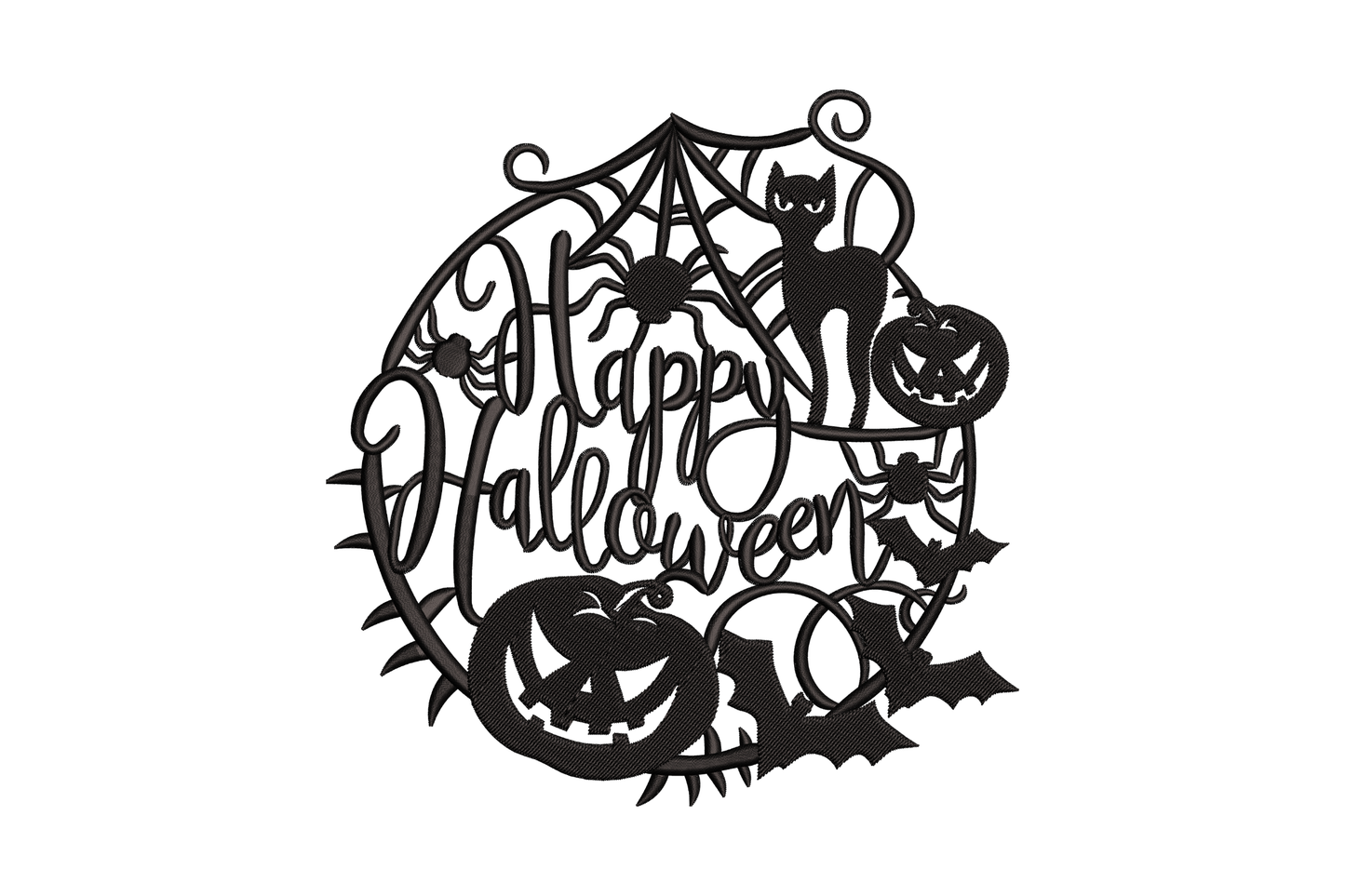 Happy Halloween round wreath frame embroidery with black cat, pumpkins, spider web and bats in silhouette papercut style.