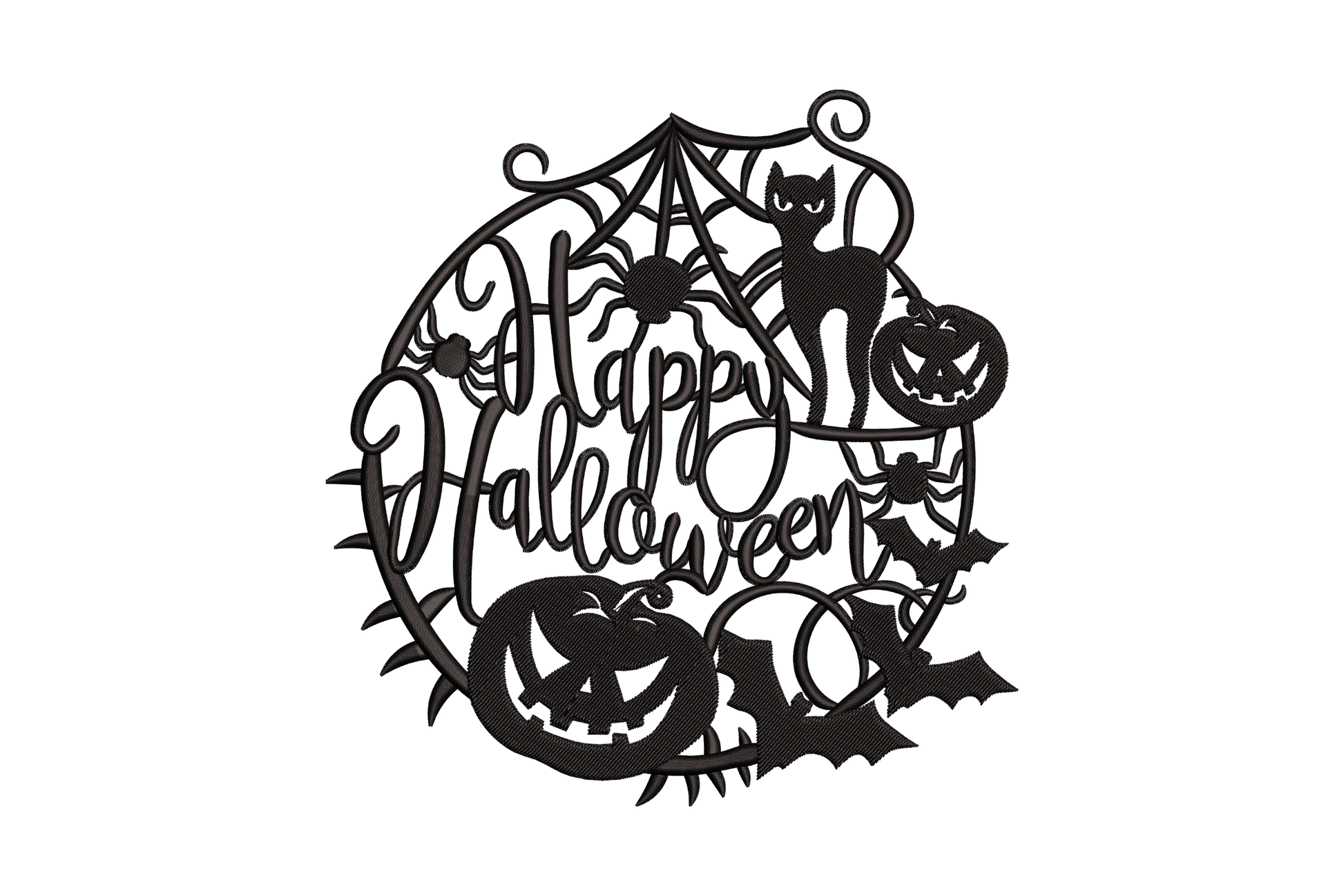 Happy Halloween round wreath frame embroidery with black cat, pumpkins, spider web and bats in silhouette papercut style.
