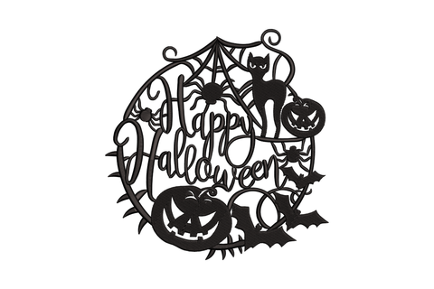 Happy Halloween round wreath frame embroidery with black cat, pumpkins, spider web and bats in silhouette papercut style.