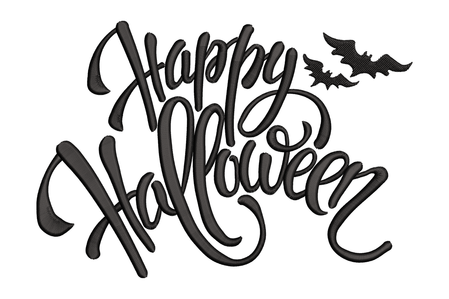 Happy Halloween flowing cursive script embroidery design on white background, single colour satin lettering, 5 sizes