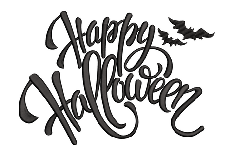 Happy Halloween flowing cursive script embroidery design on white background, single colour satin lettering, 5 sizes