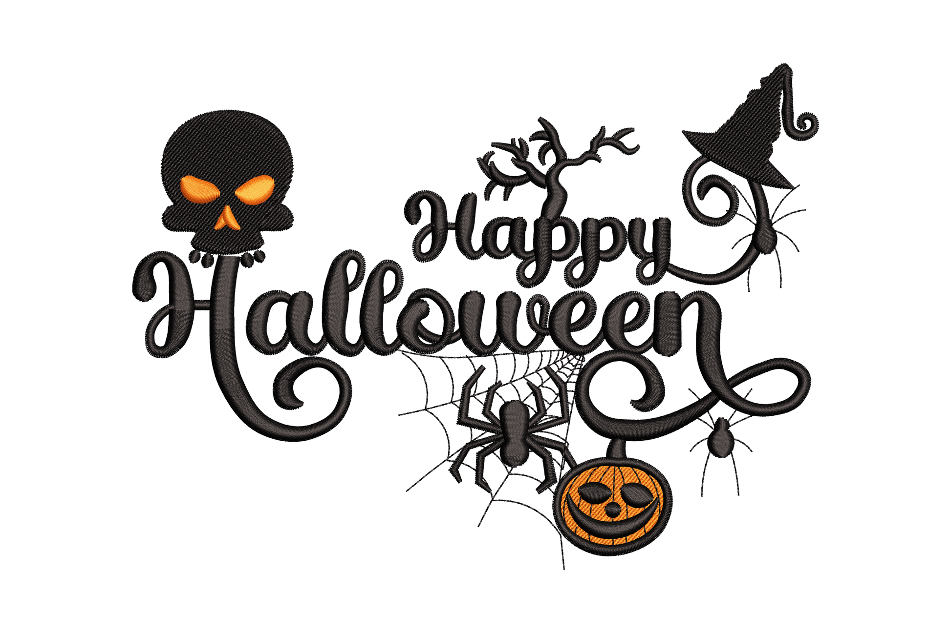 Happy halloween script embroidery, ornate cursive with orange-eyed skull, pumpkin, spider web and bat accents, 5 sizes.