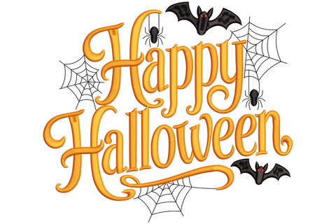 Happy Halloween spider web embroidery design in black and orange, bold text with radiating web above in clean graphic style, 3.1 inches wide.