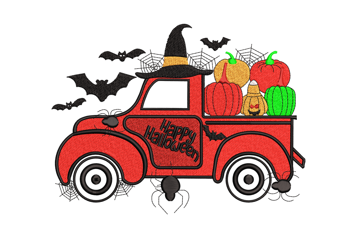 Happy Halloween pickup truck embroidery with pumpkins in bed, charcoal truck body, orange pumpkins and rust autumn leaves.